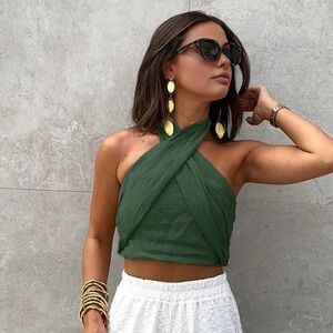 Green Cotton & Line Crisscross Halter Tank Top